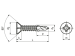 Technical drawing with dimensions of Phillips flat countersunk head self-drilling screws form H, with ribs and wings