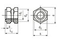 Technical drawing with dimensions of C - Threaded inserts for insertion form C hexagonal with shoulder, with through hole thread, for thermoplastics and thermosets