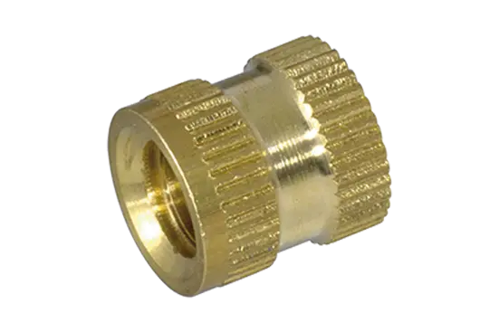 BN 1037 | Threaded inserts for insertion form D knurled with shoulder, with through hole thread, for thermoplastics and thermosets