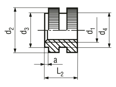 Dessin technique avec dimensions de D - Douilles filetées à insérer forme D moletées avec épaulement, avec filetage traversant, pour les thermo- et duroplastiques