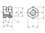 치수가 포함된 기술 도면: E - Threaded inserts for insertion form E hexagonal without shoulder, with threaded blind hole, for thermoplastics and thermosets
