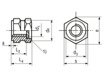 Technical drawing with dimensions of G - Threaded inserts for insertion form G hexagonal with shoulder, with threaded blind hole, for thermoplastics and thermosets