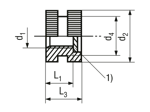 Dessin technique avec dimensions de F - Douilles filetées à insérer forme F moletées sans épaulement, avec filetage borgne, pour les thermo- et duroplastiques