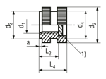 Technical drawing with dimensions of H - Threaded inserts for insertion form H knurled with shoulder, with threaded blind hole, for thermoplastics and thermosets