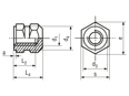 Dessin technique avec dimensions de R - Douilles filetées à insérer forme R hexagonales avec épaulement, avec filetage borgne, pour les thermo- et duroplastiques