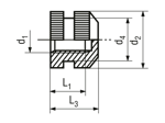 Technical drawing with dimensions of Q - Threaded inserts for insertion form Q knurled without shoulder, with threaded blind hole, for thermoplastics and thermosets
