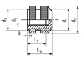 Technical drawing with dimensions of S - Threaded inserts for insertion form S knurled with shoulder, with threaded blind hole, for thermoplastics and thermosets