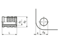 Technical drawing with dimensions of Press-in threaded inserts without head, for thermoplastics and thermosets