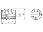 Technical drawing with dimensions of Rampa® SK - Self-cutting thread inserts without head, with hexagon socket, for hardwood