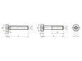 Technical drawing with dimensions of Hex socket head cap screws with low head and pilot recess, partially / fully threaded