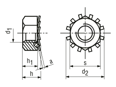 Technical drawing with dimensions of Hex nuts with captive tooth lock washer