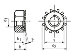 Technical drawing with dimensions of Hex nuts with captive tooth lock washer