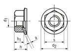 Technical drawing with dimensions of Hex nuts with captive conical spring washer
