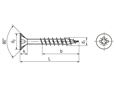 Dibujo técnico con dimensiones de SPAX® - Tornillos para aglomerado con cabeza avellanada parcialmente roscados y con hueco cruciforme Pozidriv forma Z con punta 4CUT