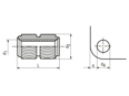 Technical drawing with dimensions of S - Threaded inserts for hot or ultrasound embedding without head, form S knurled/rounded knurls, for thermoplastics