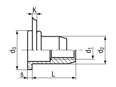 Technical drawing with dimensions of TUBTARA® UPO/SPO (UT/ROF, ST/ROF) - Blind rivet nuts flat head, round shank, open end