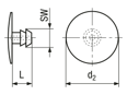 含尺寸的技術圖：扁圓頭扣蓋,用於內六角穴螺絲 for hex sockets