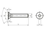 Dibujo técnico con dimensiones de Tornillos con cabeza avellanada con hueco hexagonal, totalmente roscados