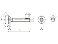 Technical drawing with dimensions of Hexalobular socket countersunk flat head screws fully threaded with TufLok® patch