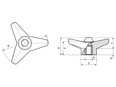 Teknisk tegning med mål af FASTEKS® FAL - Trearmet håndgreb metalbøsning og gennemgående gevind