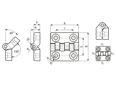 Technical drawing with dimensions of FASTEKS® FAL - Hinges with pass-through holes for countersunk head screws