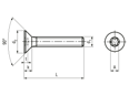 Dessin technique avec dimensions de Vis à tête fraisée à six lobes internes, entièrement filetées