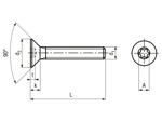 Dibujo técnico con dimensiones de Tornillos con cabeza avellanada y hueco hexalobular, totalmente roscados