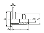 Technical drawing with dimensions of TUBTARA® UPO (UT/ALF) - Blind rivet nuts flat head, round shank, open end