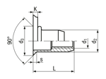 Technical drawing with dimensions of TUBTARA® UFO (UT/ALS) - Blind rivet nuts countersunk head, round shank, open end