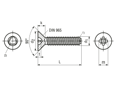 Disegno tecnico con quote di Viti autoformanti a testa svasata piana forma M, con filettatura metrica ed impronta a croce Pozidriv forma Z