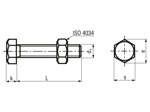 Technical drawing with dimensions of Hex head screws with hex nuts fully threaded