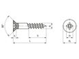 Dessin technique avec dimensions de Vis à bois à tête fraisée avec empreinte cruciforme Pozidriv forme Z