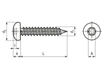 Dessin technique avec dimensions de Vis à tôle à tête cylindrique bombée à six lobes internes et à bout pointu forme C