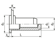 Technical drawing with dimensions of TUBTARA® UPX (UT/ALFG) - Blind rivet nuts flat head, round shank, closed end