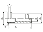 Technical drawing with dimensions of TUBTARA® UPX (UT/ALFG) - Blind rivet nuts flat head, round shank, closed end