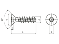 Disegno tecnico con quote di EJOT PT® - Viti a testa svasata piana con cava esalobata Torx plus® / Autosert®