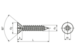 Technische Zeichnung mit Maßen von Senk-Blechschrauben mit Kreuzschlitz Pozidriv Form Z und Spitze Form C