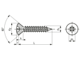 Dessin technique avec dimensions de Vis à tôle à tête fraisée bombée avec empreinte cruciforme Pozidriv forme Z et à bout pointu forme C