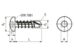 Disegno tecnico con quote di ecosyn® drill N1 - Viti autoperforanti a testa bombata con ottagono incassato