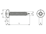 Dessin technique avec dimensions de Vis à tôle à tête cylindrique bombée à six lobes internes et à bout pointu forme C