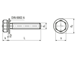 Teknisk ritning med mått av Hex head assembled screws with captive flat washer DIN 6902 A