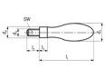 Technical drawing with dimensions of Fixed handles with threaded pin and hex socket