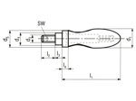Technical drawing with dimensions of Revolving handles with threaded pin and hex socket