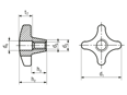 Technische Zeichnung mit Maßen von Kreuzgriffe Sandguss, sauber gegossen, entgratet und sandgestrahlt DIN 6335 D mit Durchgangsgewinde