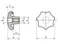 Technische Zeichnung mit Maßen von Sterngriffe Sandguss, entgratet und getrommelt bzw. sandgestrahlt DIN 6336 D mit Durchgangsgewinde