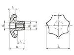 Technische Zeichnung mit Maßen von Sterngriffe Sandguss, entgratet und getrommelt bzw. sandgestrahlt DIN 6336 D mit Durchgangsgewinde
