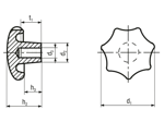 Technical drawing with dimensions of Star knobs DIN 6336 C with reamed blind hole H7