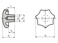 Technical drawing with dimensions of Star knobs DIN 6336 E steel hub with threaded blind hole