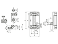 Dessin technique avec dimensions de ELESA® CFSW-F-B - Charnières avec interrupteur de sécurité intégré câble de 2 ou 5 m, connecteur mâle à 8 pôles, sortie arrière