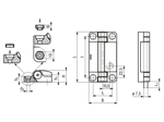 Technical drawing with dimensions of ELESA® CFSW-F-C - Hinges with built-in safety multiple switch 2 or 5 m cable, 8 conductors, bottom axial output